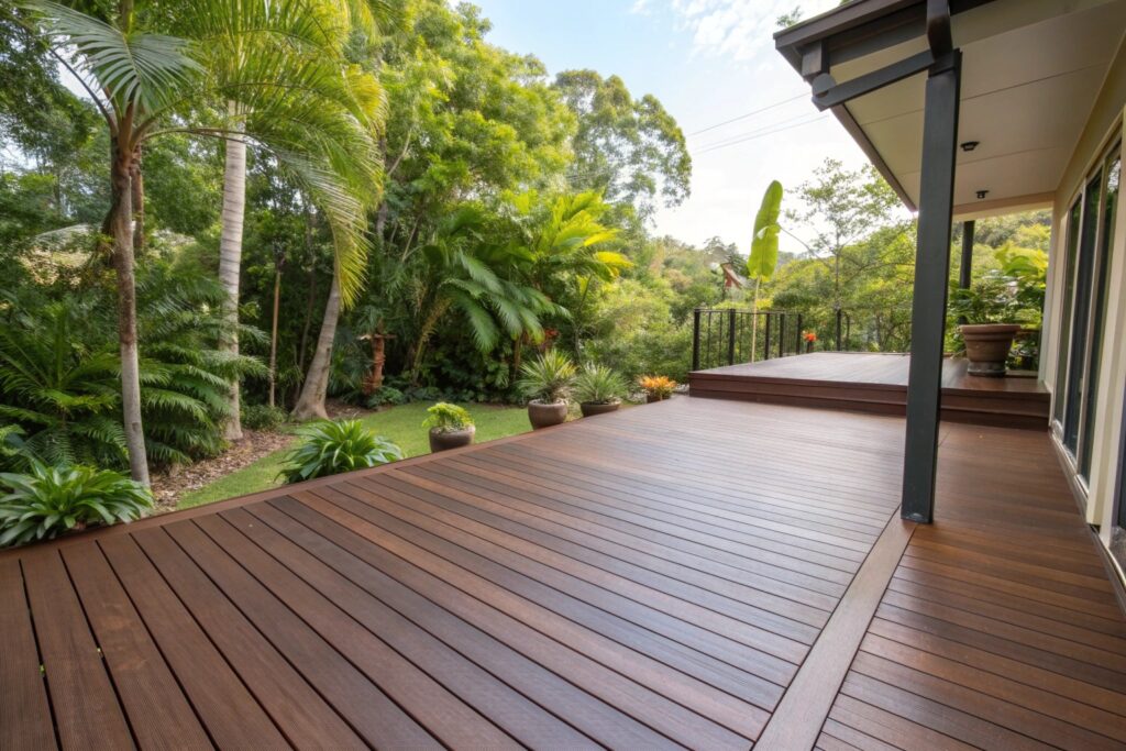 Ekodeck composite decking installed in Ipswich Queensland backyard with dark brown boards and tropical garden surrounds