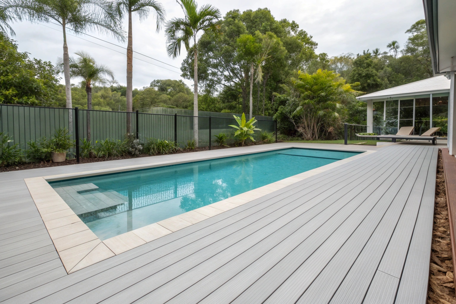 Ekodeck composite decking surrounding backyard swimming pool in Ipswich Queensland home with tropical garden