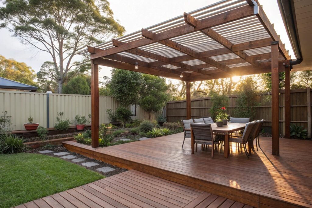 Freestanding Merbau pergola with timber deck in Queensland backyard entertaining area