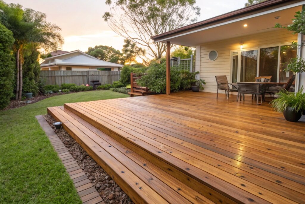 Treated pine decking installed in an Ipswich backyard with oiled timber boards and green garden surroundings