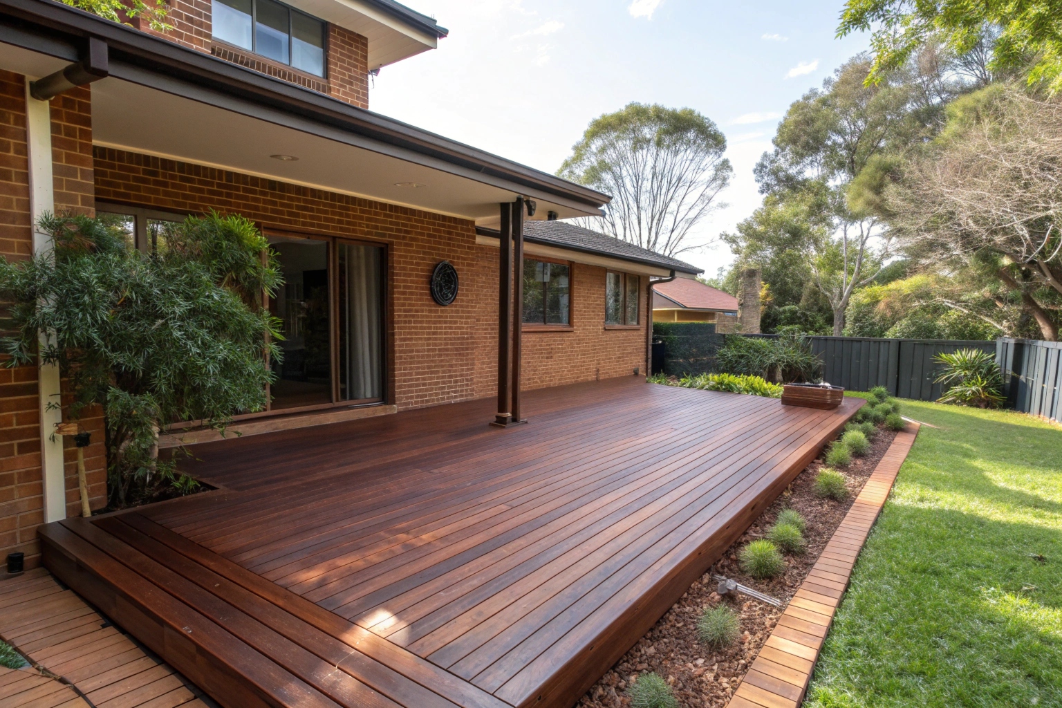 Newly installed Ironbark hardwood deck with hidden fixings and seamless surface finish in an Ipswich backyard