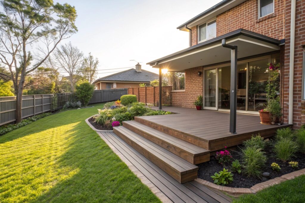 Ground level ModWood deck installation attached to Ipswich home with garden surrounds