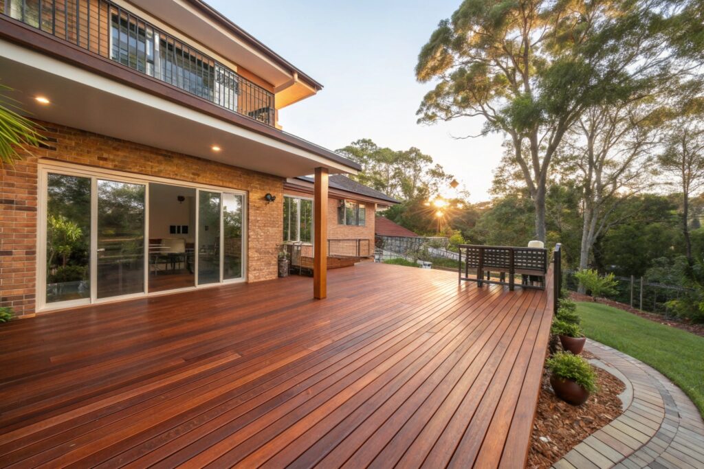 Merbau hardwood decking installation on a modern Ipswich home with warm reddish-brown timber boards