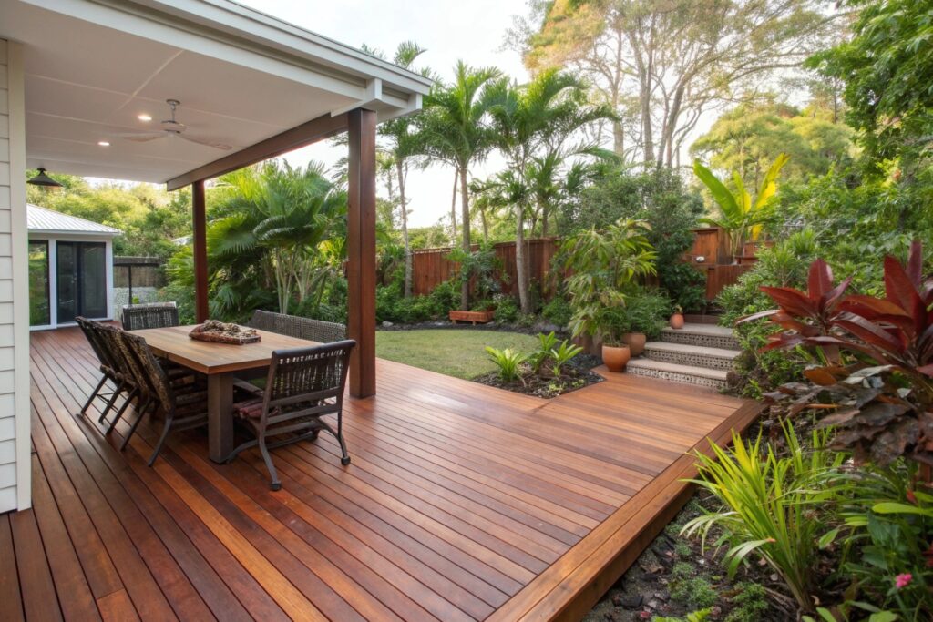 Large Merbau hardwood deck in Queensland backyard with outdoor dining setting and tropical garden surrounds