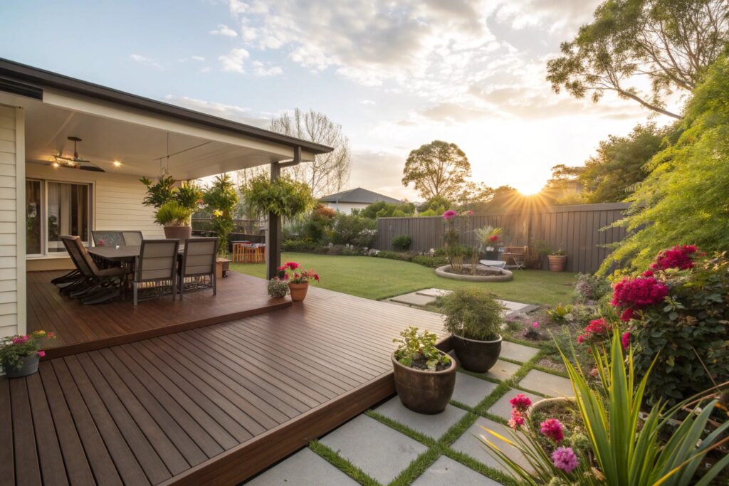 ModWood composite deck installation in Ipswich backyard with outdoor entertaining area