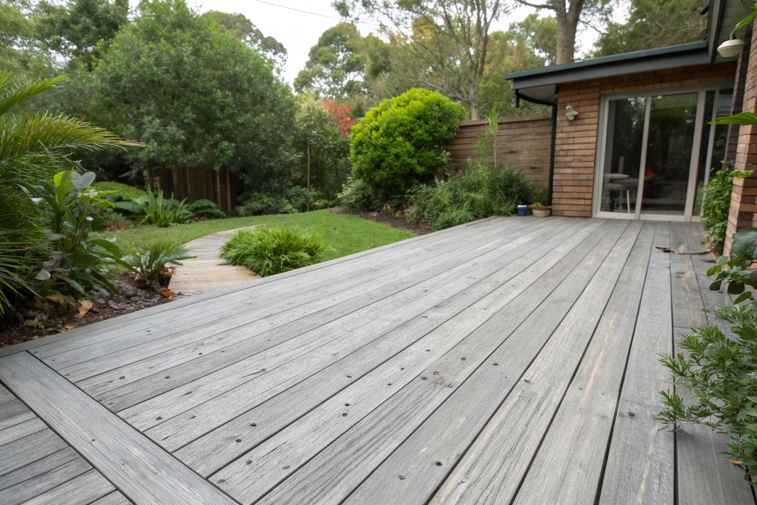 Naturally weathered silver-grey Merbau deck showing beautiful aged timber patina in Australian backyard