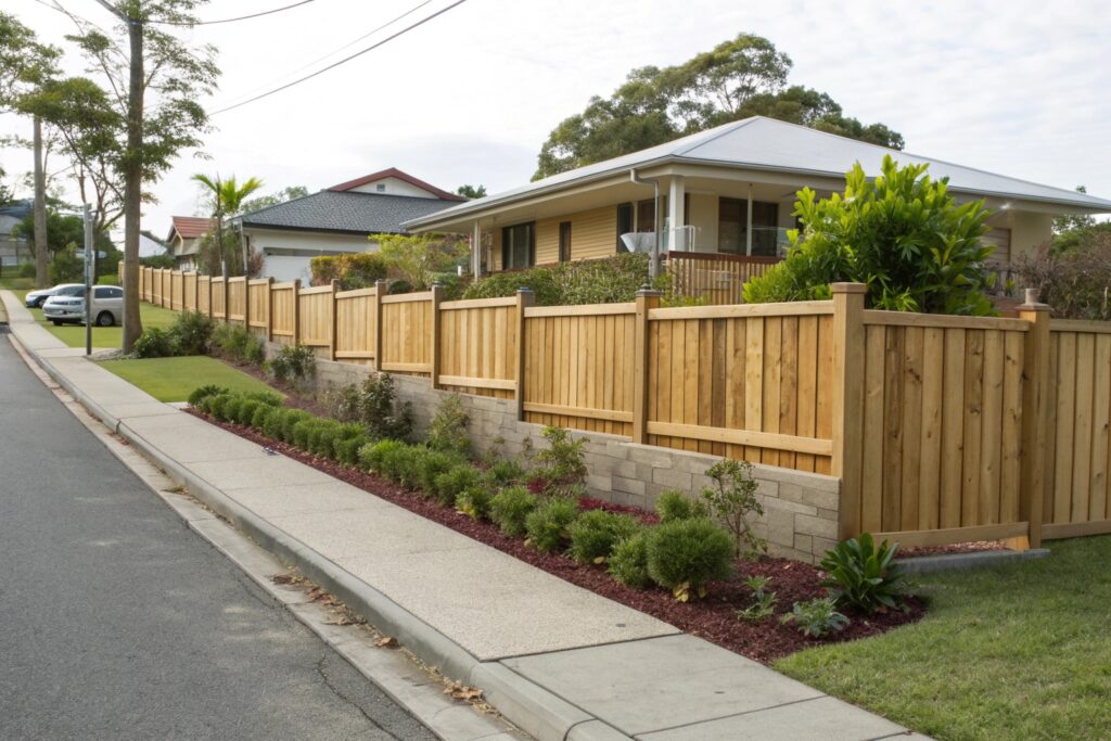 Treated pine front boundary fence installed by Ipswich fence contractor