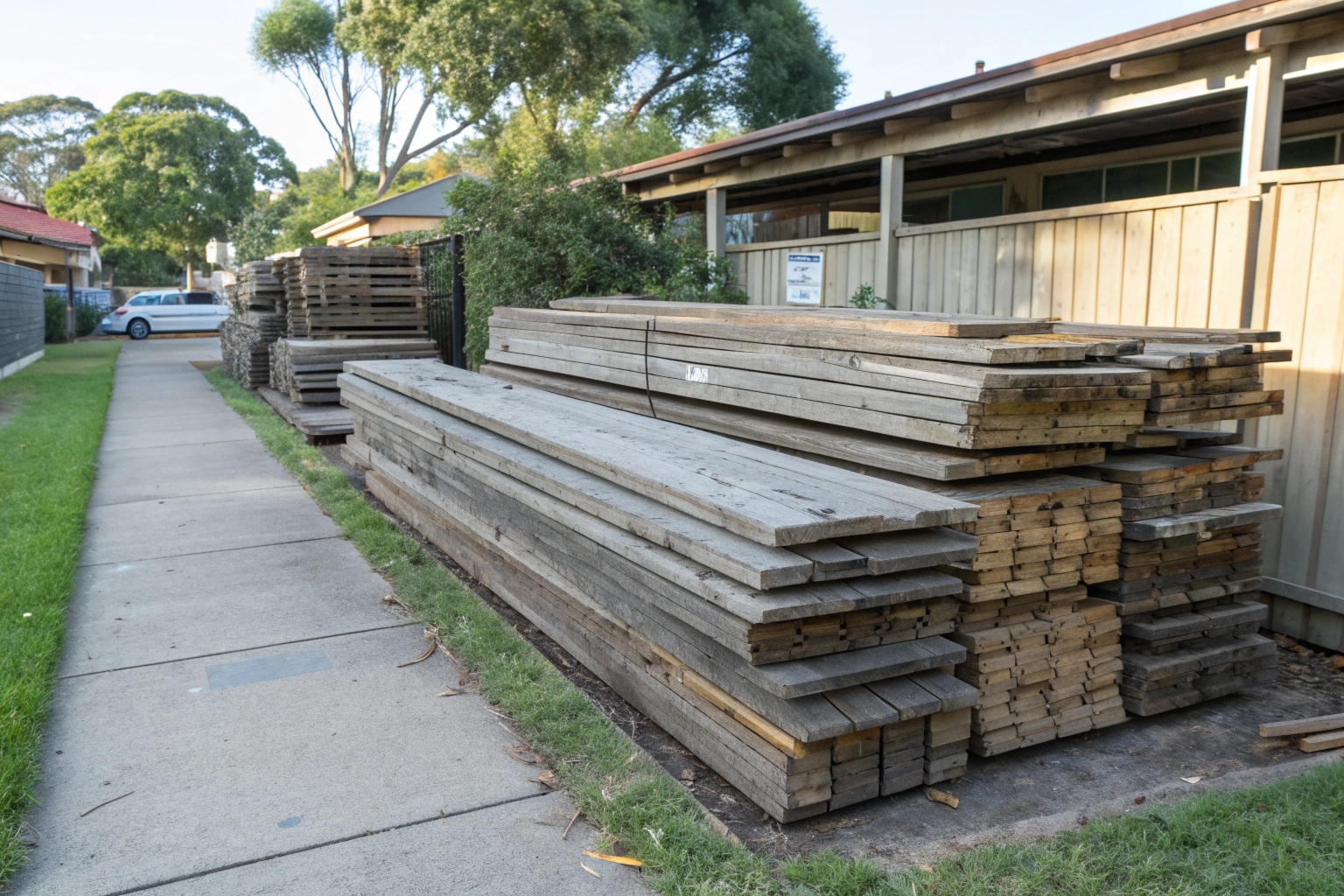 Salvaged timber materials sorted after deck demolition in Ipswich
