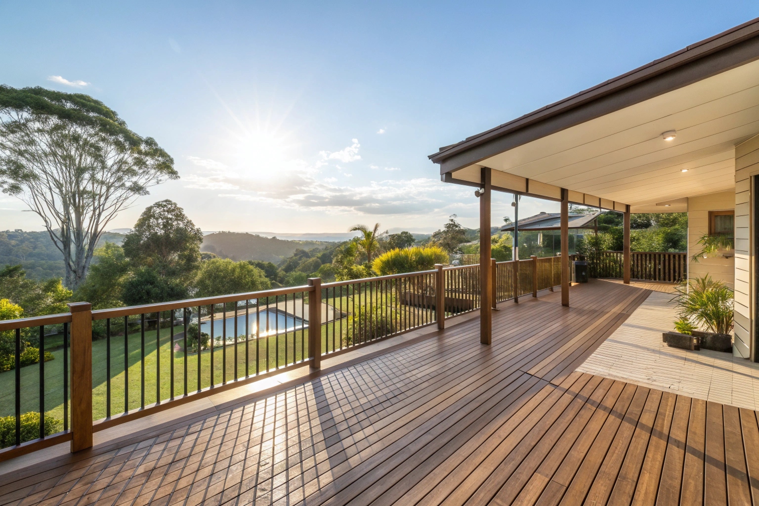 Large treated pine deck with timber balustrade in a Queensland outdoor entertaining area