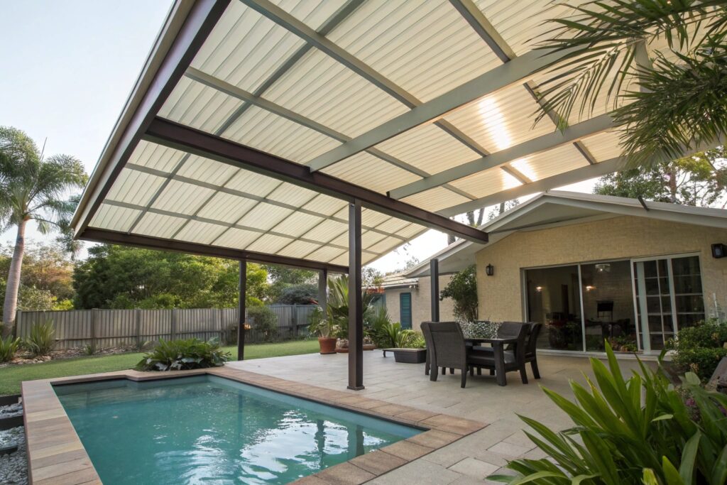 Shade structure over backyard pool area at Ipswich Queensland home