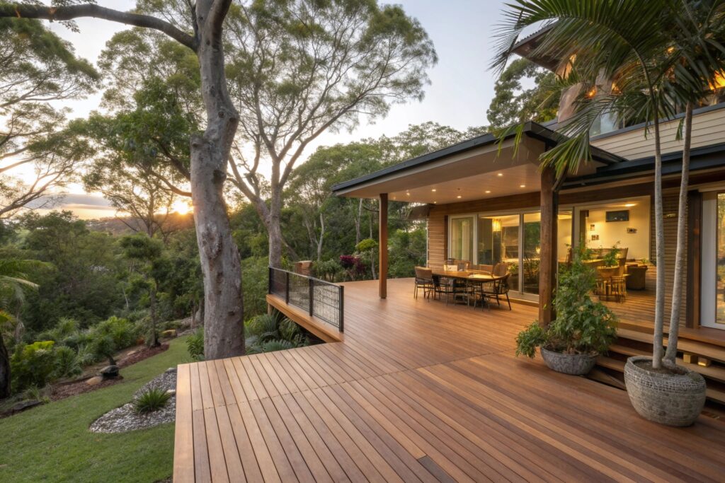 Elevated Spotted Gum hardwood deck on a Queensland high-set home with tropical garden surroundings