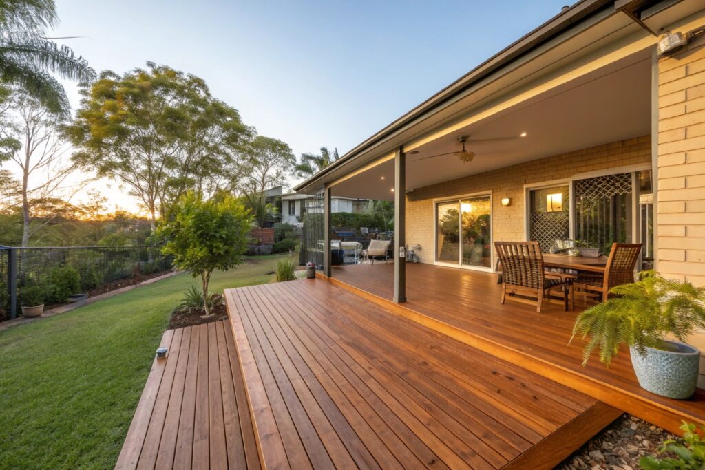 Newly built Merbau deck attached to Ipswich home with golden-brown timber boards in afternoon sunlight