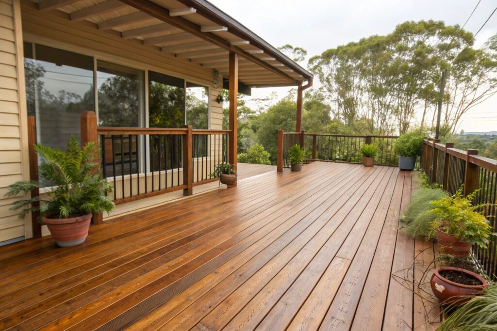 Wide treated pine deck with warm brown stain finish attached to a Queensland home