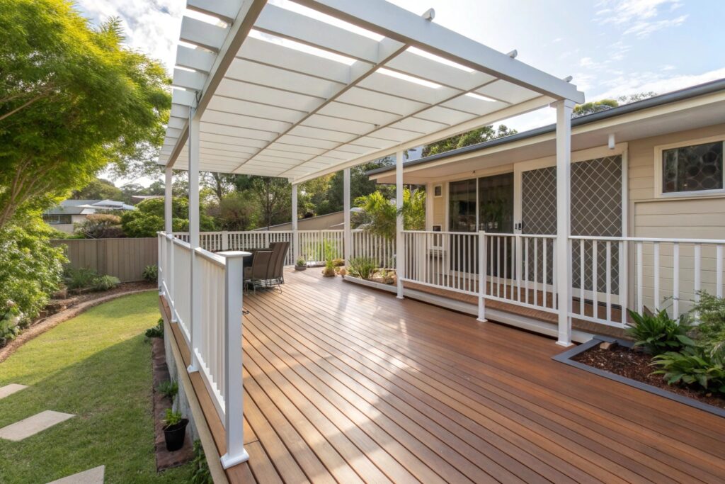 Elevated Ekodeck composite deck on Queensland highset home with pergola shade structure and white balustrades