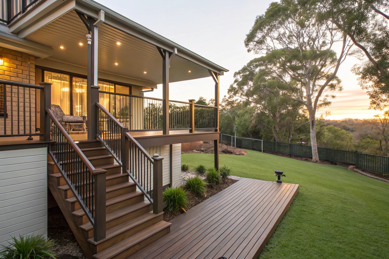 Elevated ModWood deck on high-set Ipswich home with backyard views and balustrades