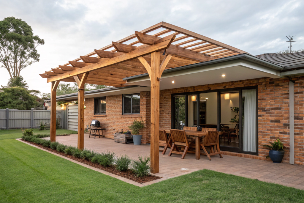 Attached open beam timber pergola on the back of a suburban Ipswich home