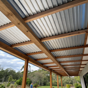 Corrugated steel pergola roof on a backyard pergola in Ipswich