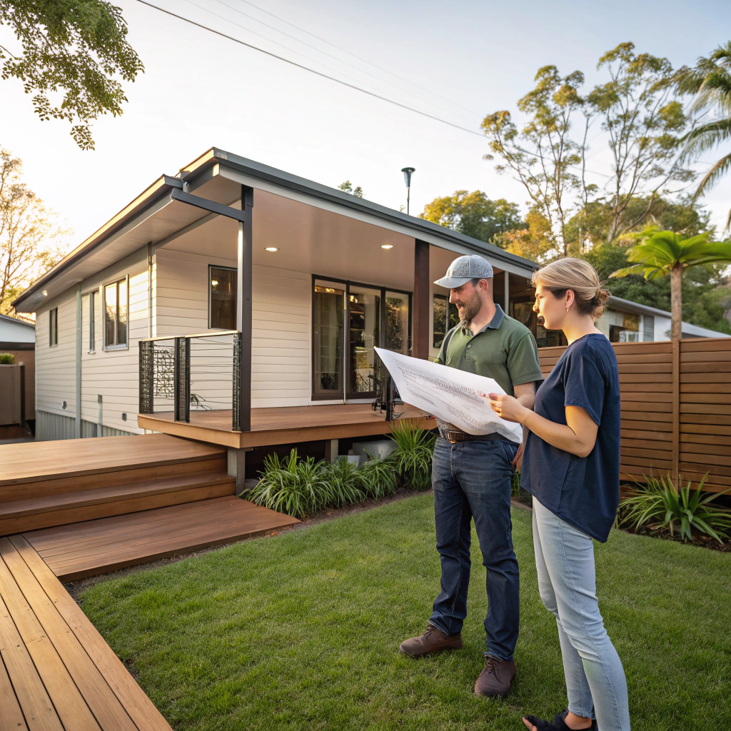 Custom deck design consultation Ipswich — builder and homeowner reviewing deck plans together