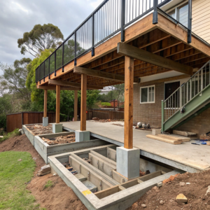 Multi-level deck substructure on sloping block Ipswich
