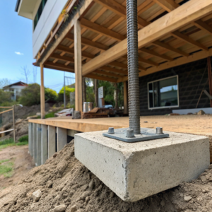 Concrete footing and steel post stirrup for elevated deck substructure Ipswich