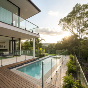 Elevated deck with glass balustrade overlooking pool Springfield Lakes Ipswich