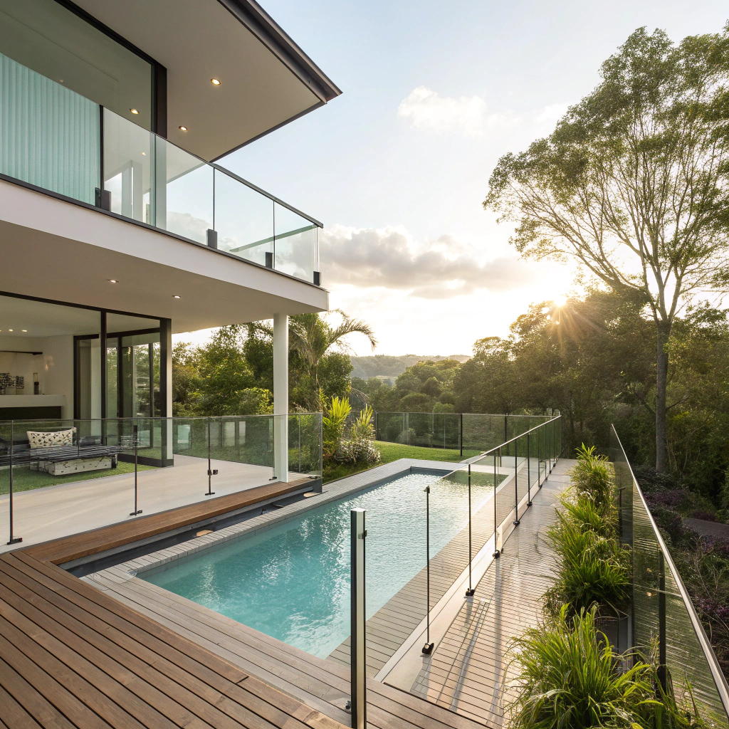 Elevated deck with glass balustrade overlooking pool Springfield Lakes Ipswich
