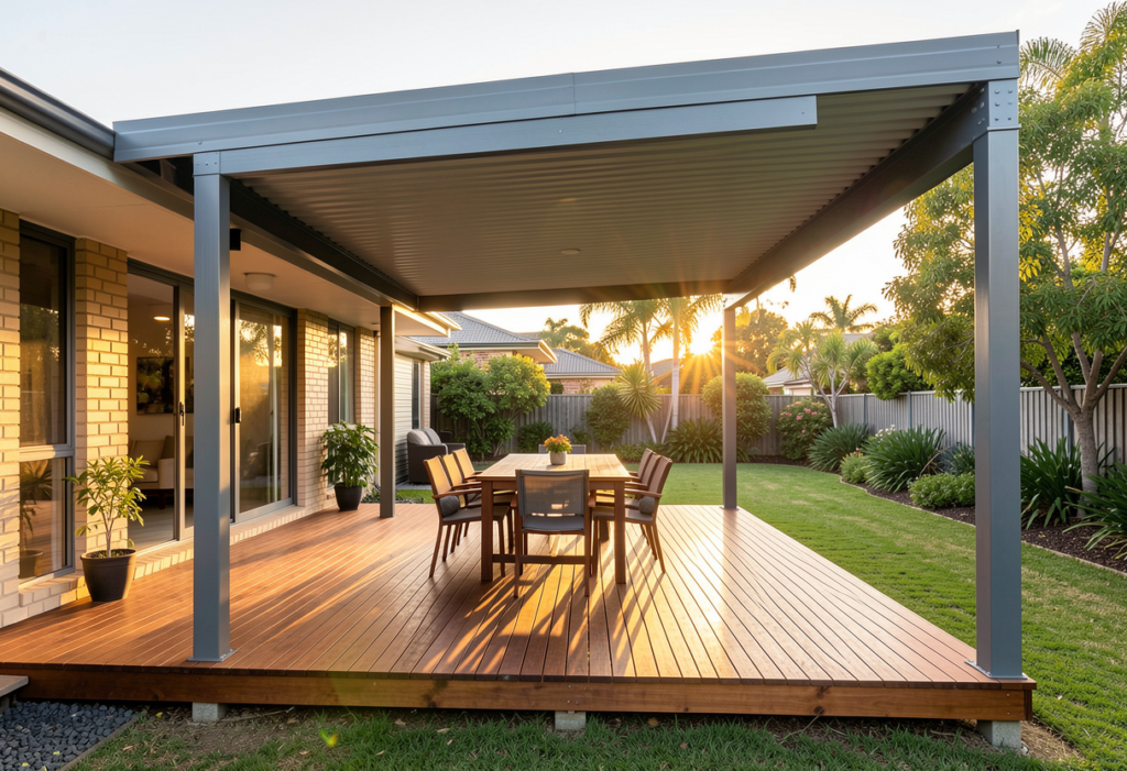 elevated timber deck on a Queensland highset home with a substantial free-standing engineered shade structure overhead