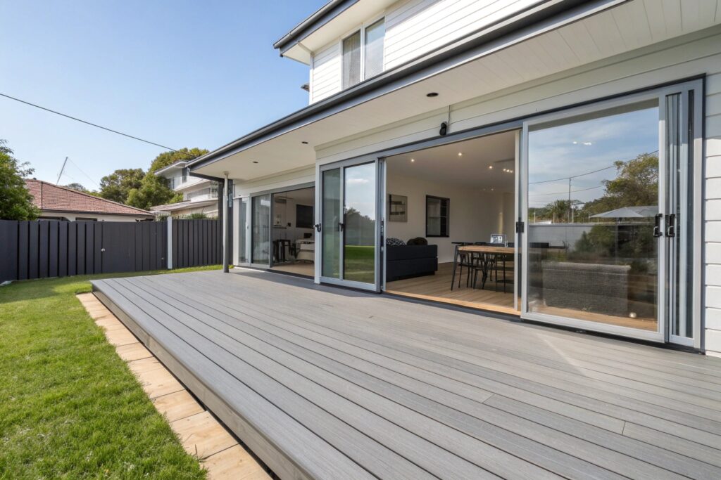 Composite deck installation extending from Ipswich home
