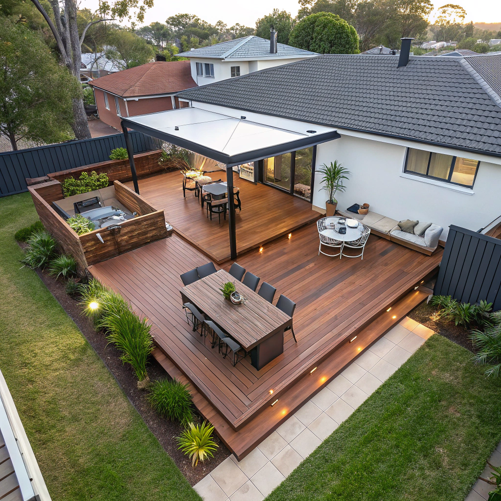 L-shaped deck extension Ipswich overhead view showing two outdoor zones