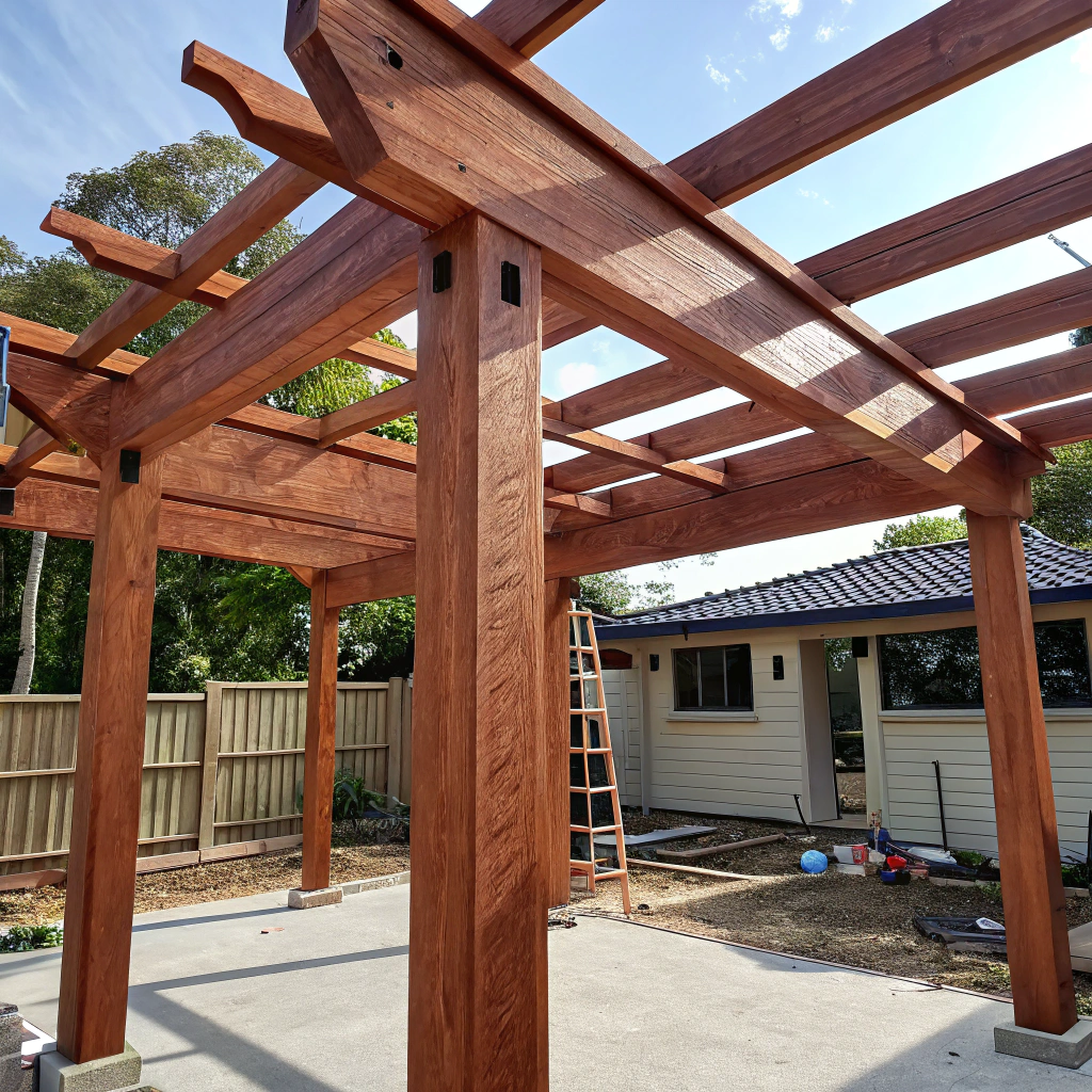 Merbau timber pergola frame being constructed in an Ipswich backyard