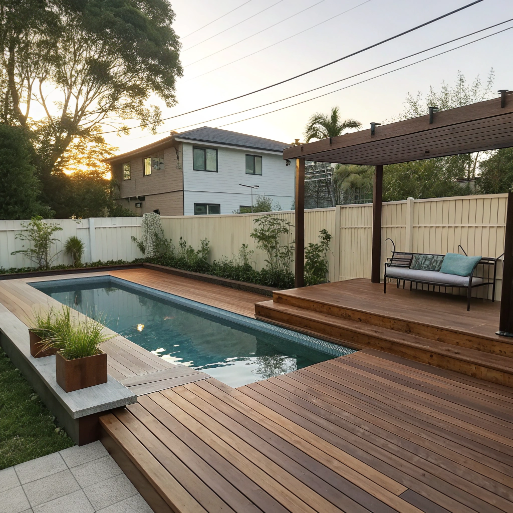 Custom pool deck build Ipswich Springfield Lakes — timber deck surround with built-in seating