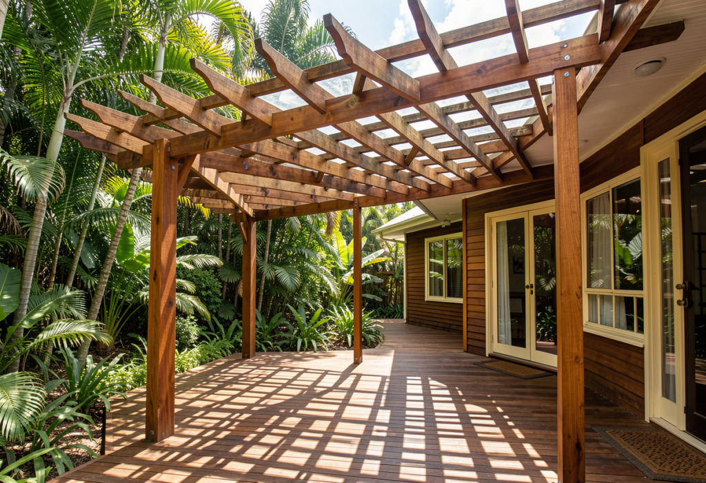 timber pergola attached to the rear of a classic Queensland timber home,