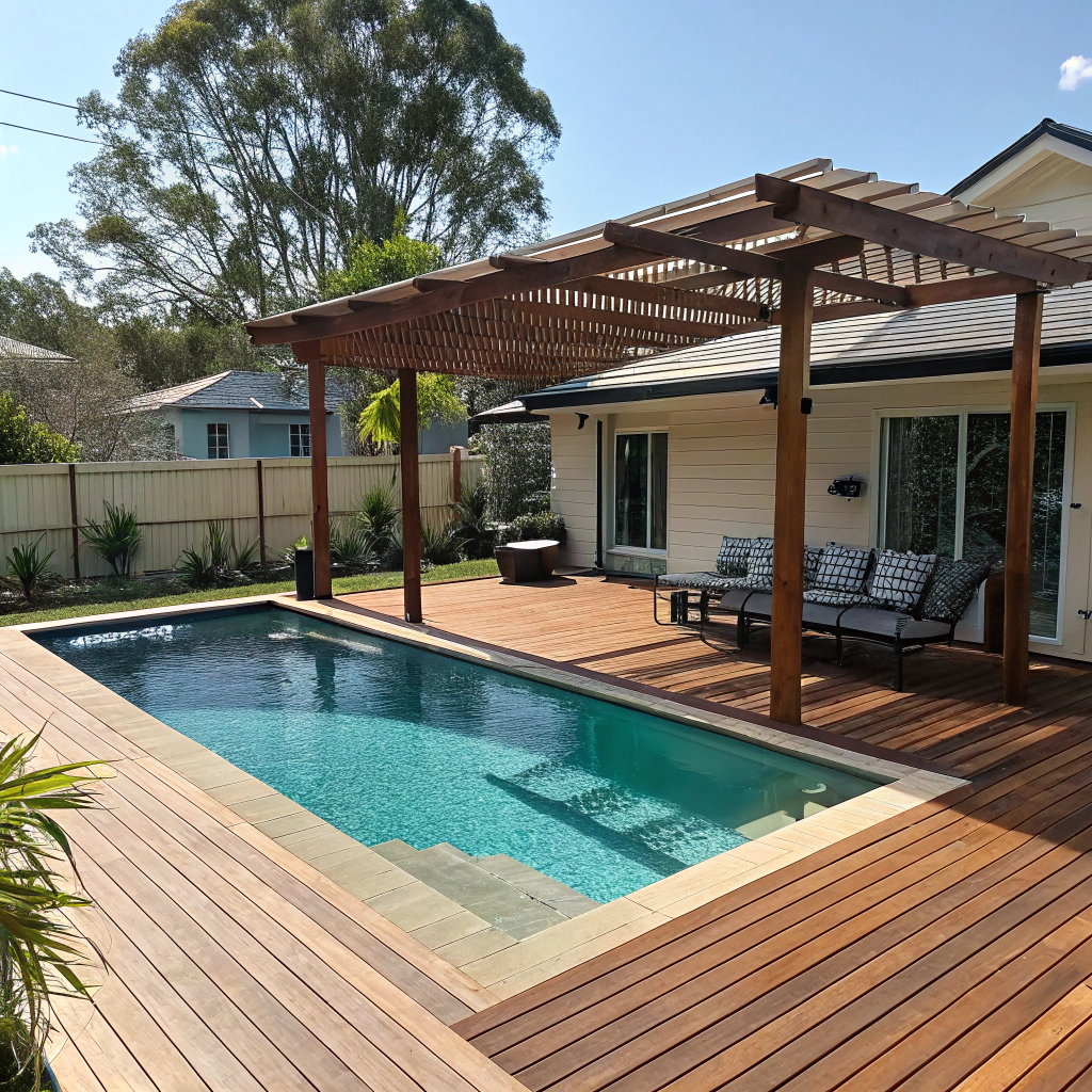 Timber pool deck with pergola shade structure in a suburban Ipswich backyard