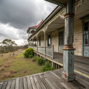 Weathered and faded timber verandah on an older Ipswich home in need of repair and restoration