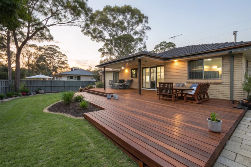 Merbau timber deck in Ipswich backyard with outdoor furniture